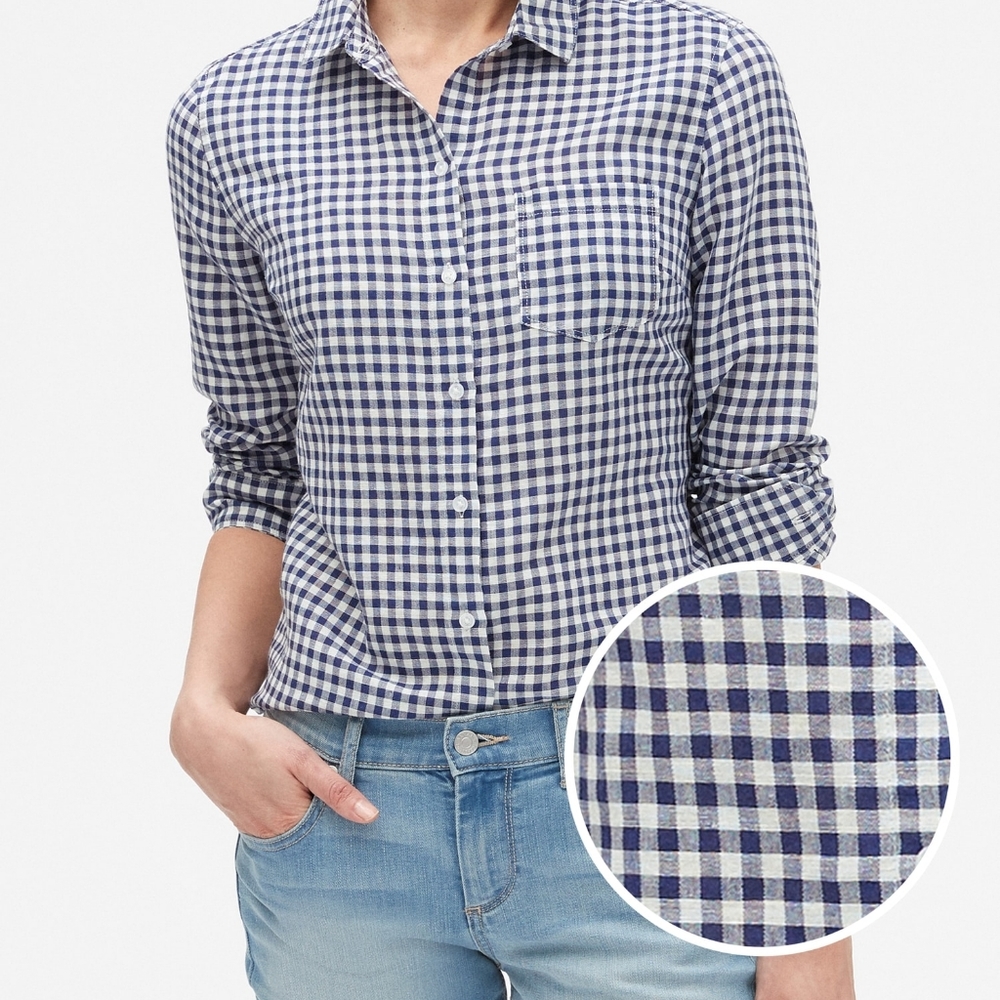 BANANA REPUBLIC navy Gingham classic Fit button down blouse top XS
